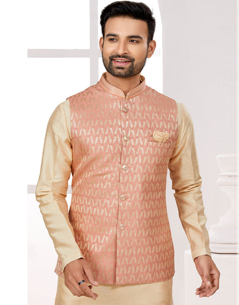 Readymade Men's traditional wear Peach Kurta Kasab Jari Pant Close-up View