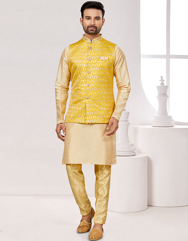Readymade Men's traditional wear Yellow Kurta Kasab Jari Pant Front View