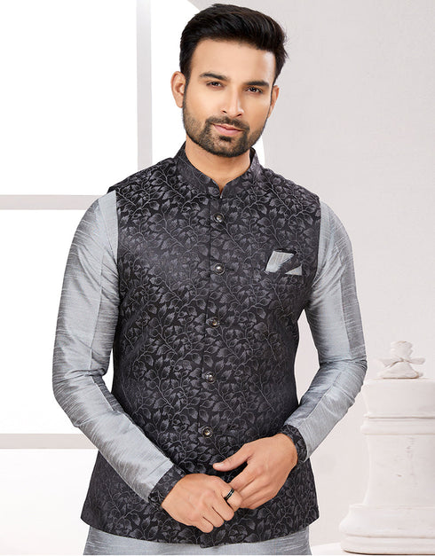 Readymade Men's traditional wear Black Kurta Galaxy Satin Jacquard Pant Close-up View