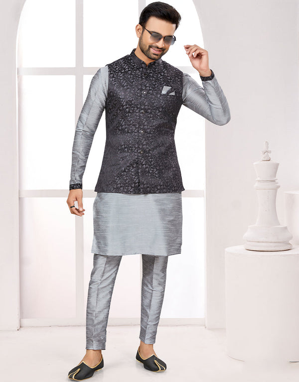 Readymade Men's traditional wear Black Kurta Galaxy Satin Jacquard Pant Front View