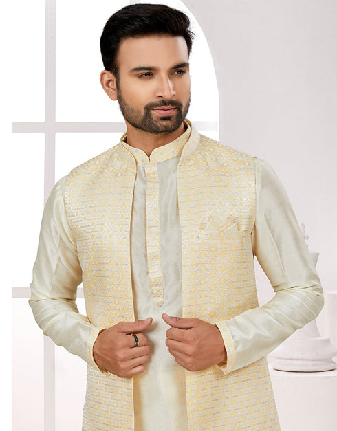 Readymade Men's traditional wear Yellow Kurta Singham Jacquard Pant Close-up View