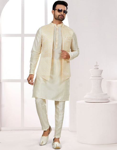 Readymade Men's traditional wear Yellow Kurta Singham Jacquard Pant Front View