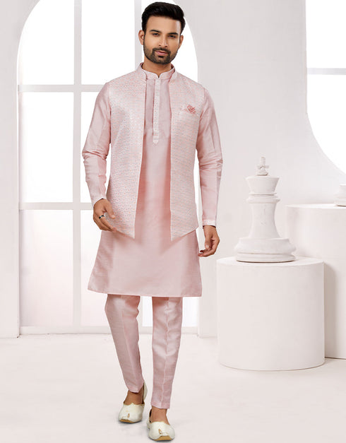 Readymade Men's traditional wear Pink Kurta Singham Jacquard Pant Front View
