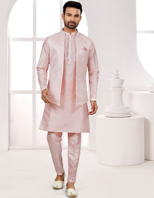 Readymade Men's traditional wear Pink Kurta Singham Jacquard Pant Front View