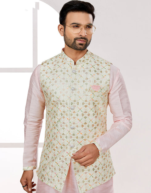 Readymade Men's traditional wear Off White Kurta Mukti Lucknowni Jaq Pant Close-up View