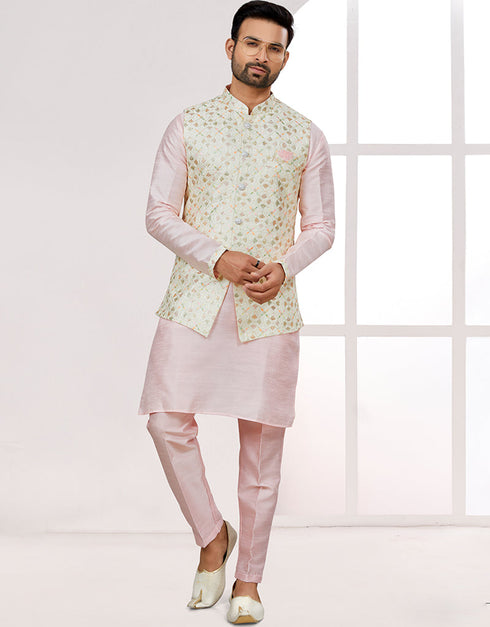 Readymade Men's traditional wear Off White Kurta Mukti Lucknowni Jaq Pant Front View
