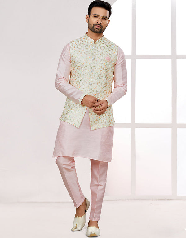 Readymade Men's traditional wear Off White Kurta Mukti Lucknowni Jaq Pant Front View