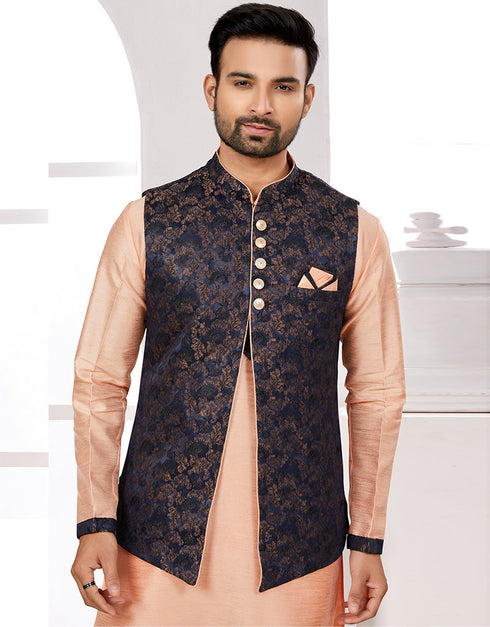 Readymade Men's traditional wear Navy Blue Kurta Galaxy Satin Jacquard Pant Close-up View