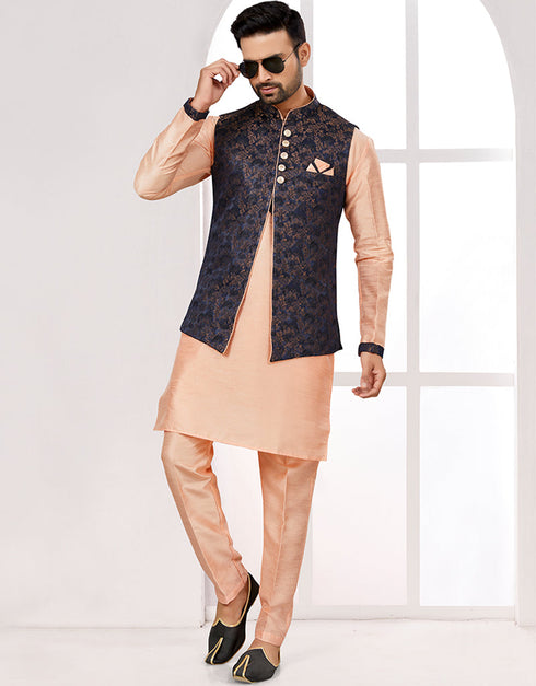 Readymade Men's traditional wear Navy Blue Kurta Galaxy Satin Jacquard Pant Front View