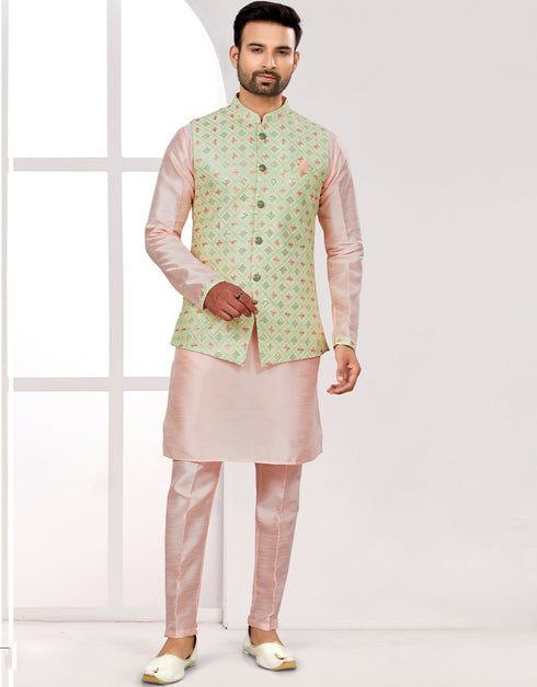 Readymade Men's traditional wear Green Kurta Mukti Lucknowni Jaq Pant Front View