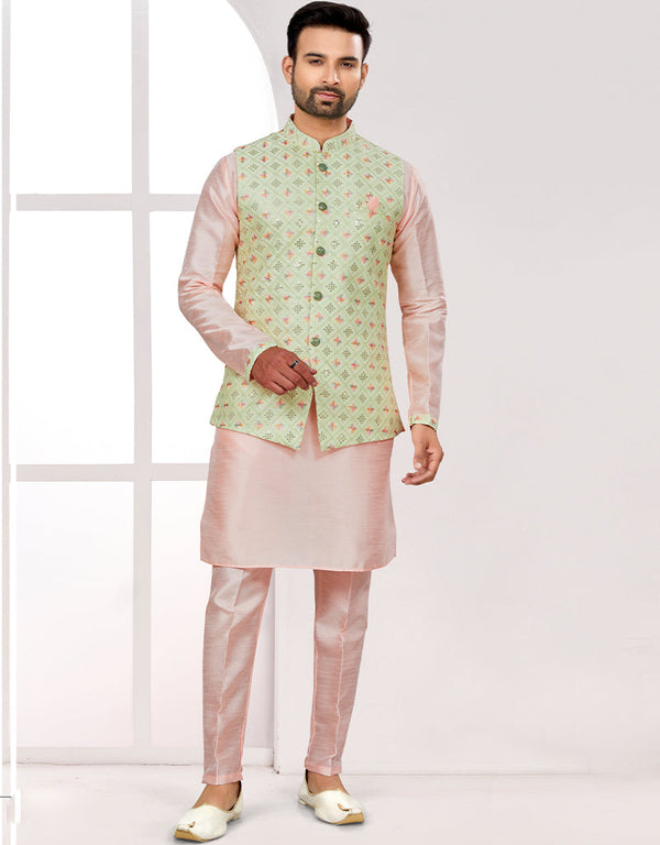 Readymade Men's traditional wear Green Kurta Mukti Lucknowni Jaq Pant Front View
