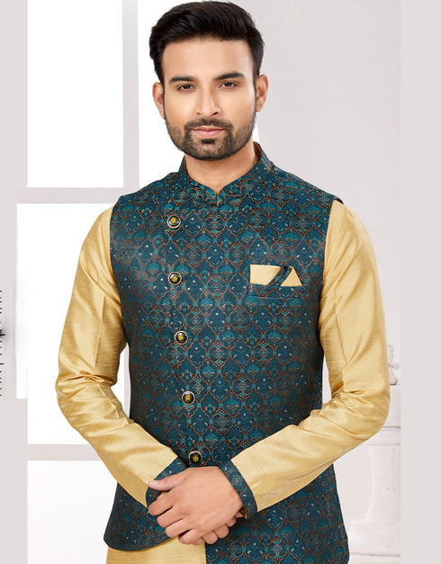 Readymade Men's traditional wear Navy Blue Kurta Galaxy Satin Jacquard Pant Close-up View