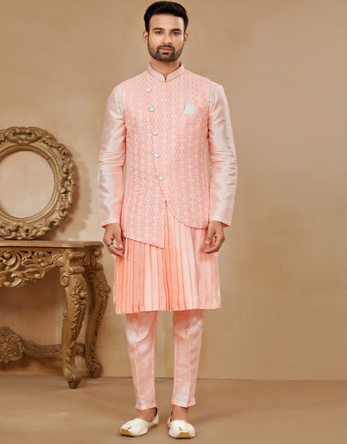 Readymade Men's traditional wear Peach Kurta Mukti Lucknowni Jaq Pant Front View