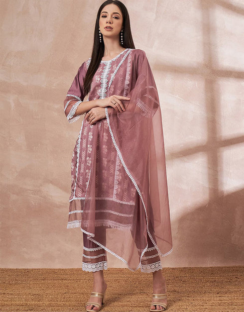 Pakistani Style Kurta Set With Dupatta Brownish Purple Imported Liva Pant Straight Front View