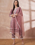 Pakistani Style Kurta Set With Dupatta Brownish Purple Imported Liva Pant Straight Front View