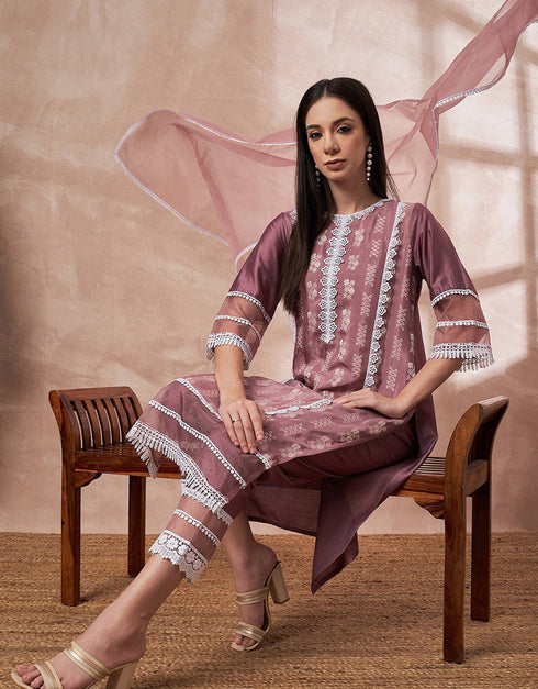 Pakistani Style Kurta Set With Dupatta Brownish Purple Imported Liva Pant Straight Close-up View