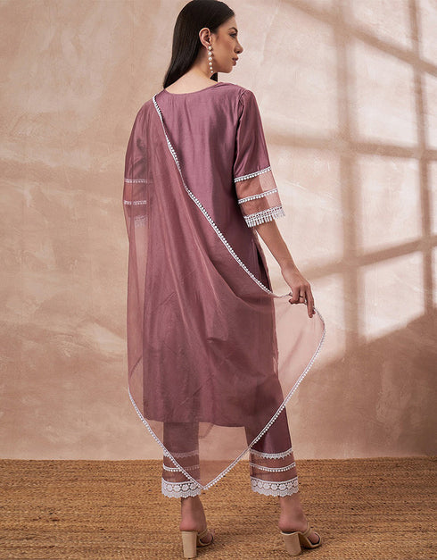 Pakistani Style Kurta Set With Dupatta Brownish Purple Imported Liva Pant Straight Back View