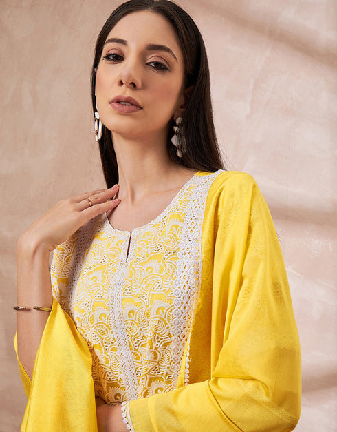 Pakistani Style Kurta Set With Dupatta Arylide Yellow Imported Liva Pant Straight Side View