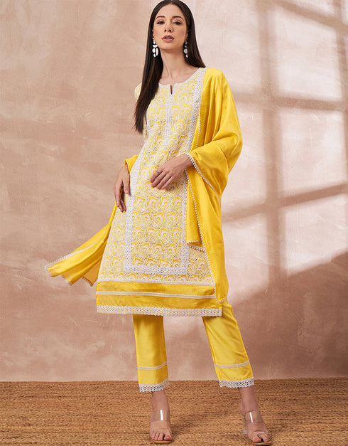 Pakistani Style Kurta Set With Dupatta Arylide Yellow Imported Liva Pant Straight Front View