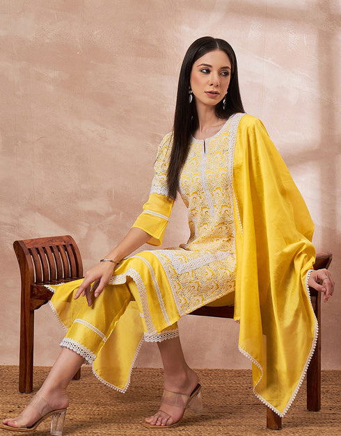 Pakistani Style Kurta Set With Dupatta Arylide Yellow Imported Liva Pant Straight Close-up View