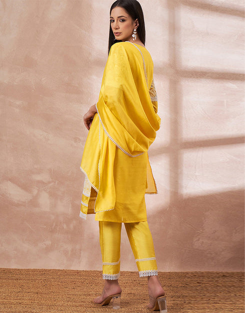 Pakistani Style Kurta Set With Dupatta Arylide Yellow Imported Liva Pant Straight Back View