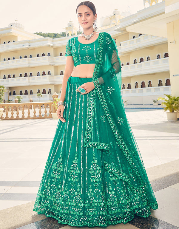 Cocktail Designer Net Lehenga Choli Green Soft Net Lehenga Choli Front View
