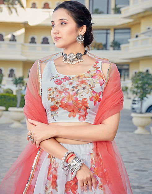 Cocktail Designer Organza Lehenga Choli White Organza Lehenga Choli Close-up View