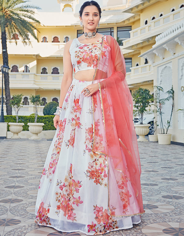 Cocktail Designer Organza Lehenga Choli White Organza Lehenga Choli Front View