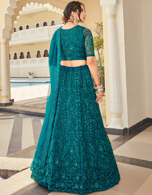 Cocktail Designer Net Lehenga Choli Elf Green Soft Net Lehenga Choli Back View