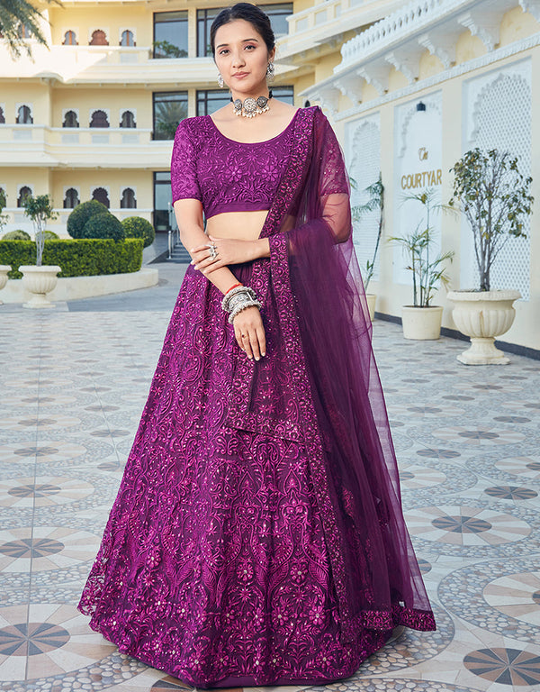 Cocktail Designer Net Lehenga Choli Grape Purple Soft Net Lehenga Choli Front View