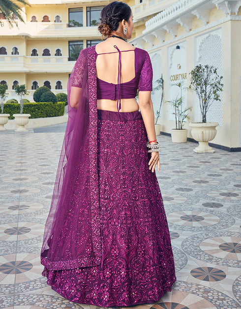 Cocktail Designer Net Lehenga Choli Grape Purple Soft Net Lehenga Choli Back View