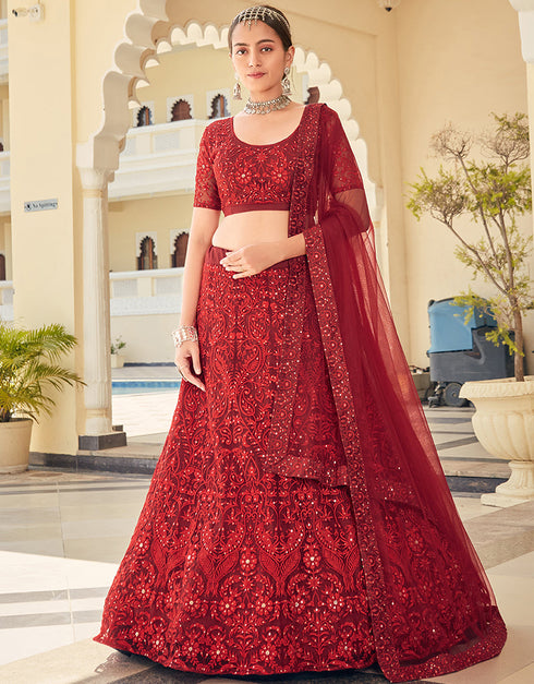 Cocktail Designer Net Lehenga Choli Persian Red Soft Net Lehenga Choli Front View