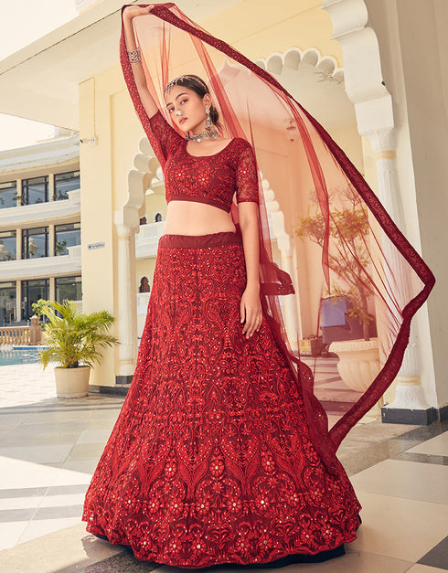Cocktail Designer Net Lehenga Choli Persian Red Soft Net Lehenga Choli Back View