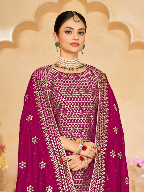 Trendy Party Wear Faux Georgette Salwar Suit Red Purple Blooming Vichitra Pant Straight Close-up View