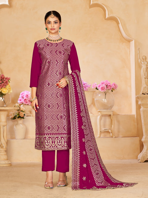 Trendy Party Wear Faux Georgette Salwar Suit Red Purple Blooming Vichitra Pant Straight Front View