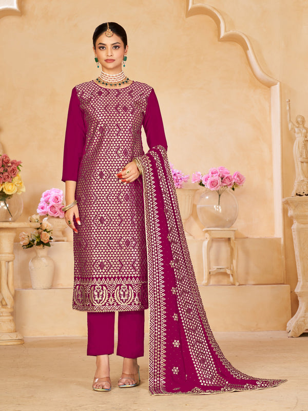 Trendy Party Wear Faux Georgette Salwar Suit Red Purple Blooming Vichitra Pant Straight Front View