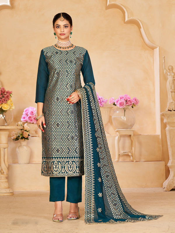 Trendy Party Wear Faux Georgette Salwar Suit Blue Dianne Blooming Vichitra Pant Straight Front View