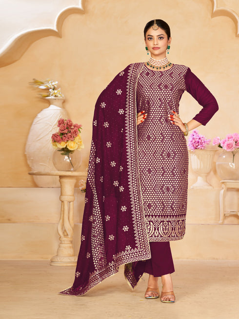 Trendy Party Wear Faux Georgette Salwar Suit Wine Berry Blooming Vichitra Pant Straight Front View