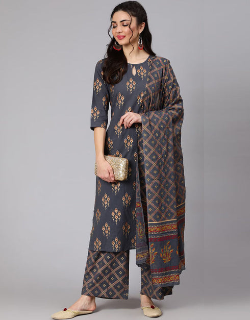 Trendy Style Pure Cotton Salwar Suit Vampire Grey Pure Cotton Pant Straight Front View