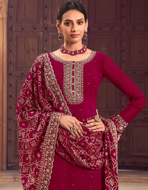 Trendy Party Wear Faux Georgette Salwar Suit Wine Red Blooming Georgette Pant Straight Close-up View