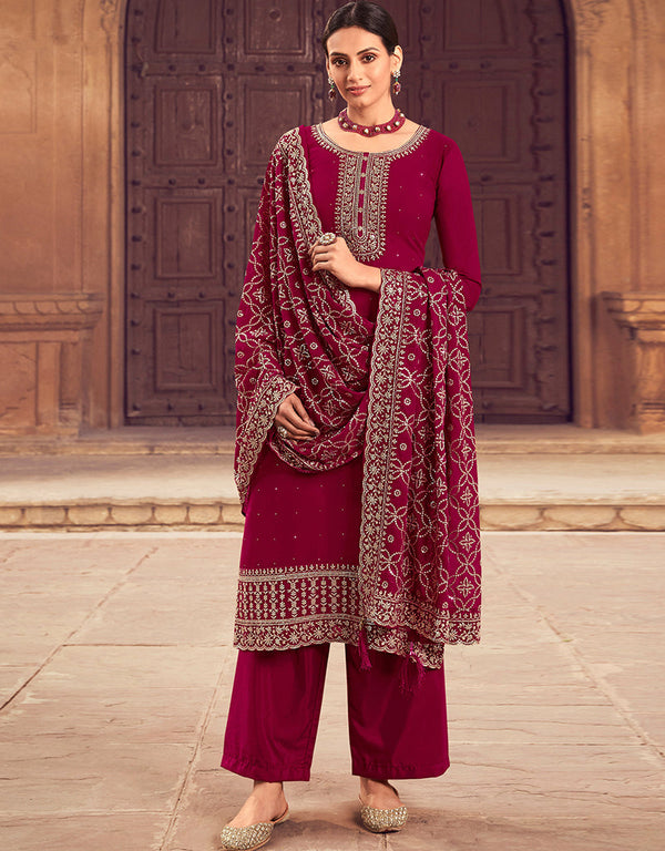 Trendy Party Wear Faux Georgette Salwar Suit Wine Red Blooming Georgette Pant Straight Front View