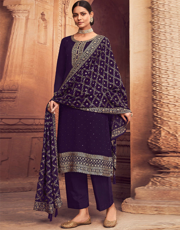 Trendy Party Wear Faux Georgette Salwar Suit Dark Purple Blooming Georgette Pant Straight Front View