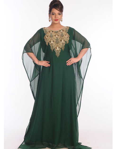Islamic Bottle Green Georgette Hand Embroidery Party Wear Kaftan