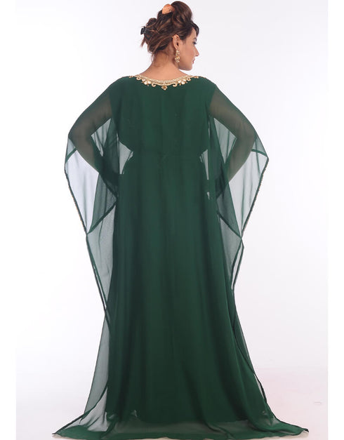 Islamic Bottle Green Georgette Hand Embroidery Party Wear Kaftan
