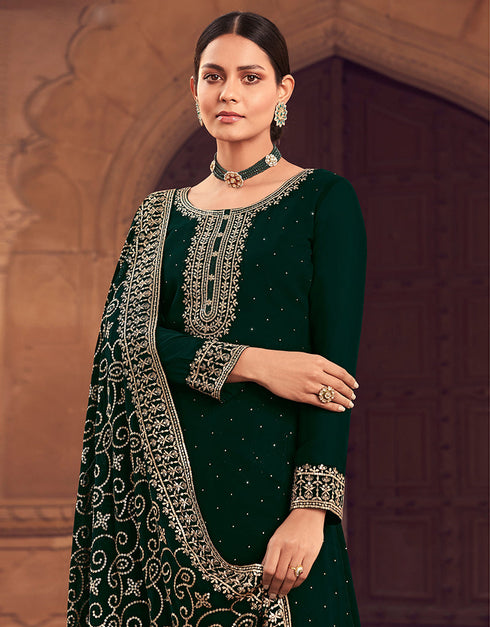 Trendy Party Wear Faux Georgette Salwar Suit Palm Green Blooming Georgette Pant Straight Close-up View