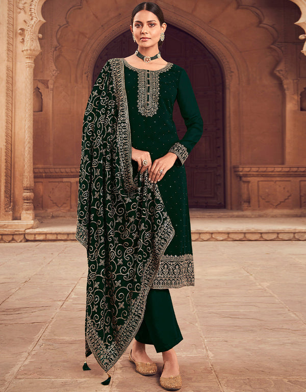 Trendy Party Wear Faux Georgette Salwar Suit Palm Green Blooming Georgette Pant Straight Front View