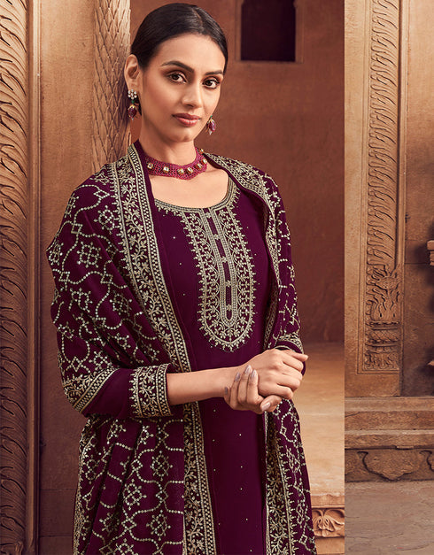 Trendy Party Wear Faux Georgette Salwar Suit Dark Maroon Blooming Georgette Pant Straight Close-up View