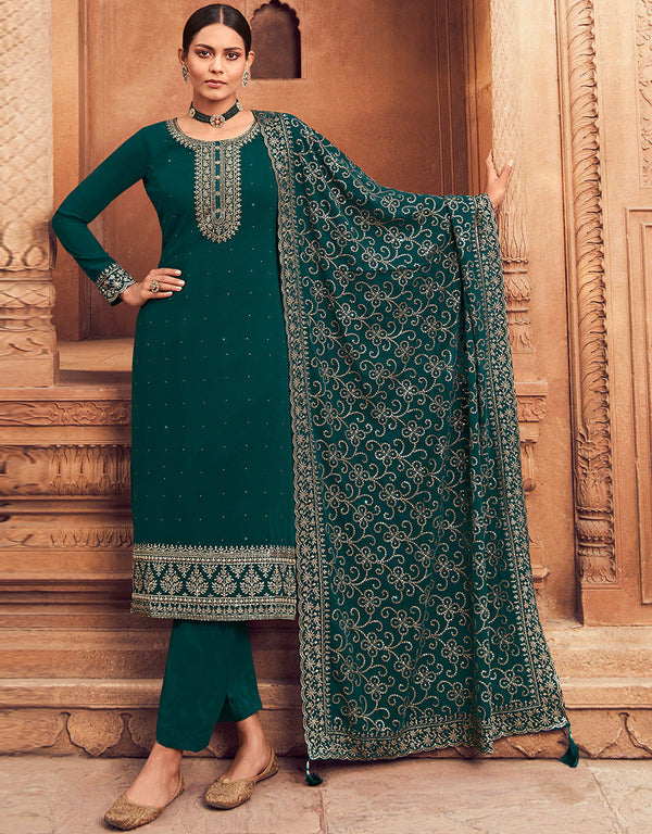 Trendy Party Wear Faux Georgette Salwar Suit Sherwood Green Blooming Georgette Pant Straight Front View