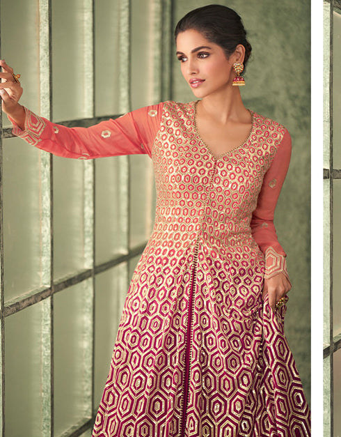 Trendy Long Achkan Anarkali Dress Burnt Pink Georgette Pant Anarkali Close-up View