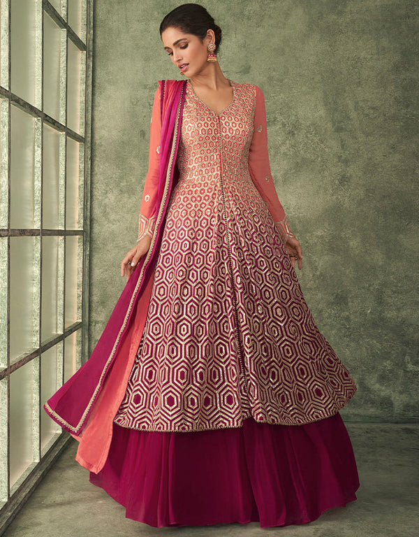 Trendy Long Achkan Anarkali Dress Burnt Pink Georgette Pant Anarkali Front View
